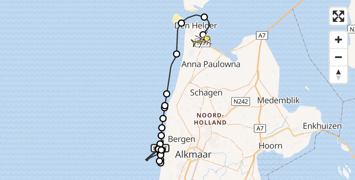 Routekaart van de vlucht: Kustwachthelikopter naar Vliegveld De Kooy, Strand Egmond aan Zee