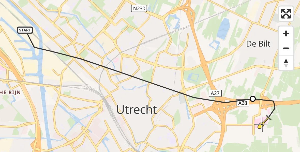 Routekaart van de vlucht: Lifeliner 1 naar Universitair Medisch Centrum Utrecht, UMC Ambulancetunnel