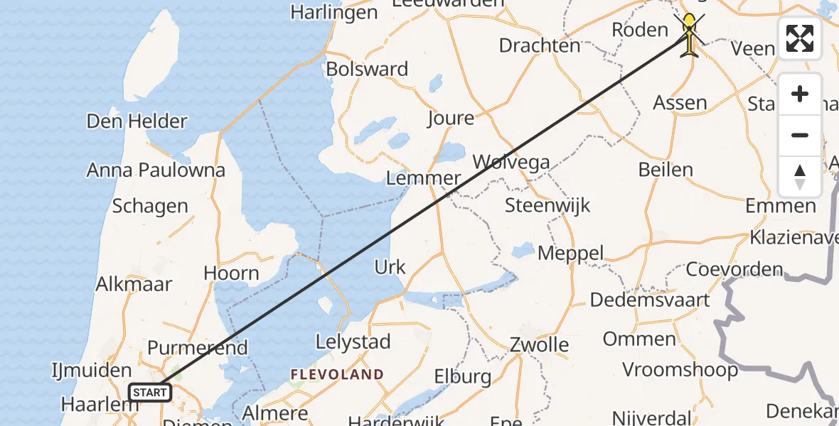 Vluchtroute Traumahelikopter van Amsterdam Heliport naar Groningen Airport Eelde