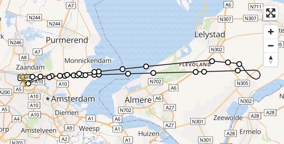 Vluchtroute Traumahelikopter van Amsterdam Heliport naar Amsterdam Heliport