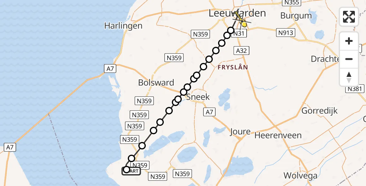 Routekaart van de vlucht: Kustwachthelikopter naar Leeuwarden, Stationswei