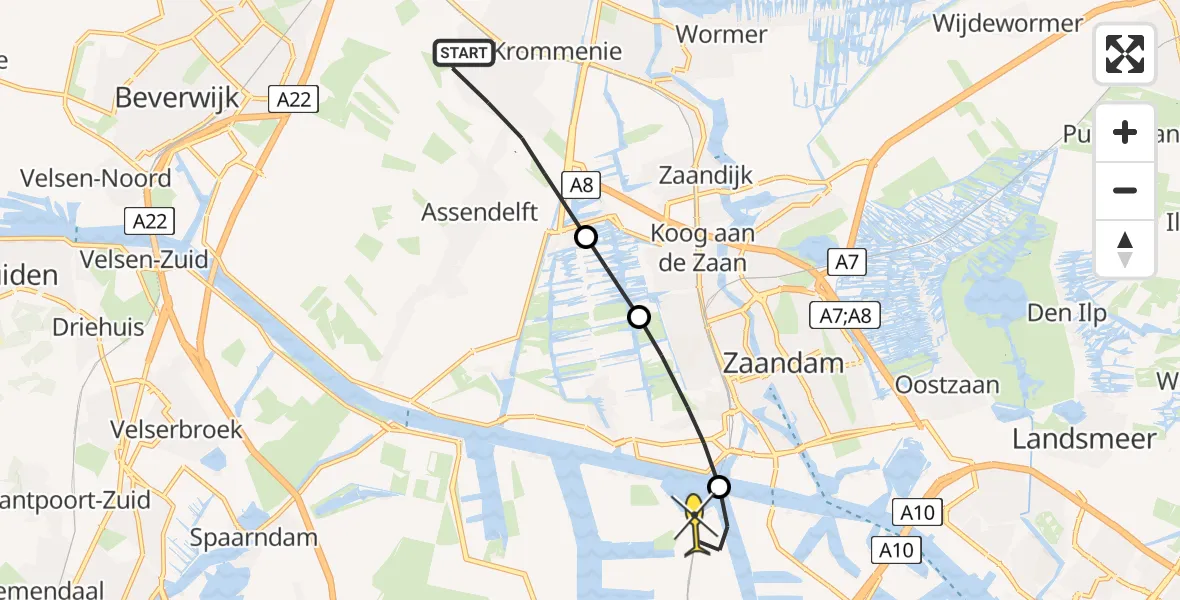 Routekaart van de vlucht: Lifeliner 1 naar Amsterdam Heliport, Tuinbouw vereniging Werkmanskracht "Oktobertje"