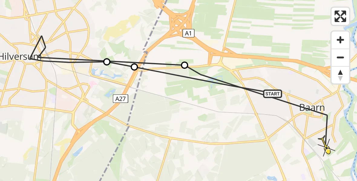 Routekaart van de vlucht: Politieheli naar Baarn, Ravensteinselaan