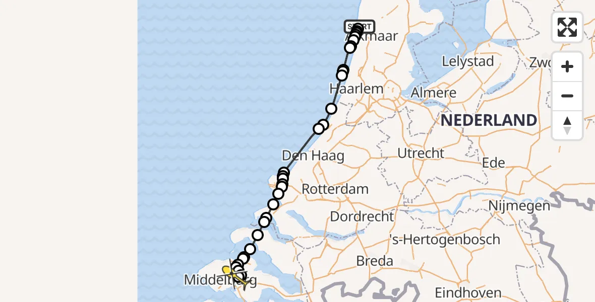 Routekaart van de vlucht: Kustwachthelikopter naar Vliegveld Midden-Zeeland, Zeeweg