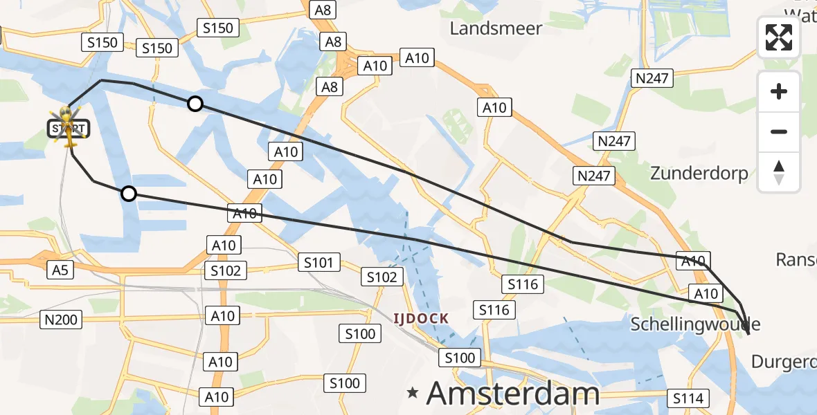 Vluchtroute Traumahelikopter van Amsterdam Heliport naar Amsterdam Heliport