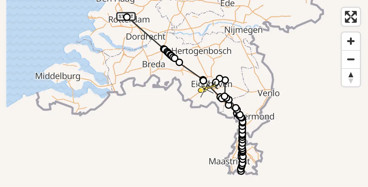 Routekaart van de vlucht: Politieheli naar Veldhoven, Ypenburgstraat