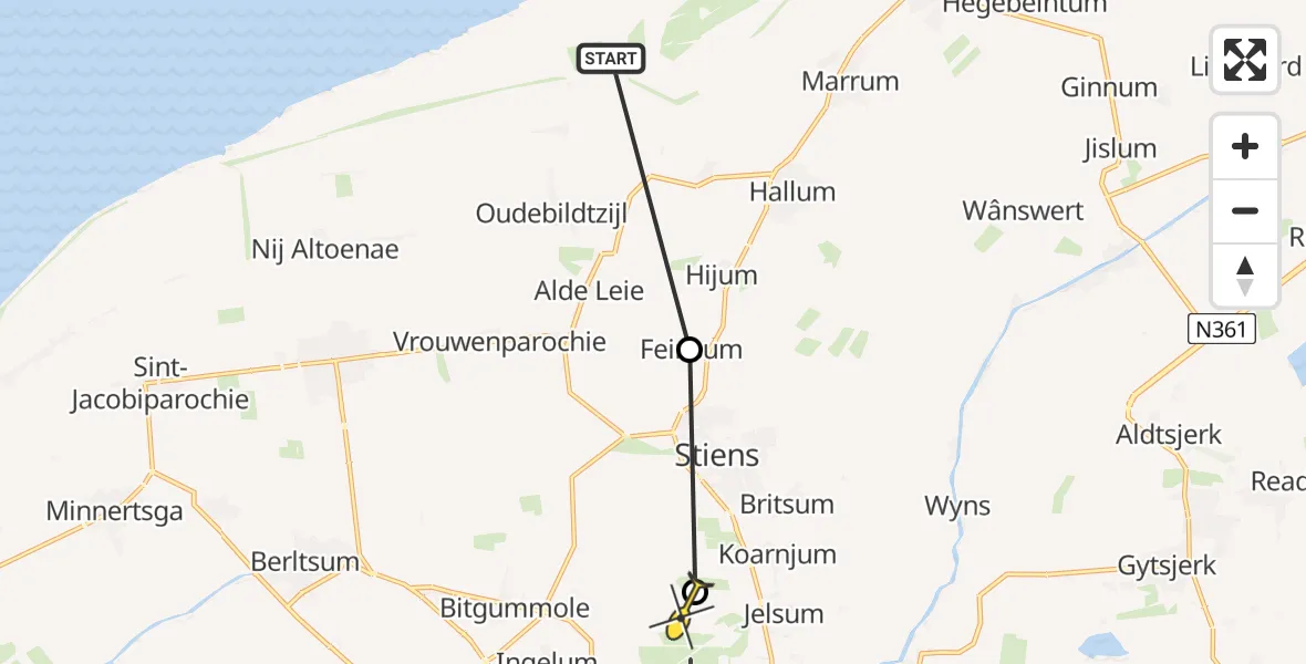 Routekaart van de vlucht: Ambulancehelikopter naar Vliegbasis Leeuwarden, Holdingawei