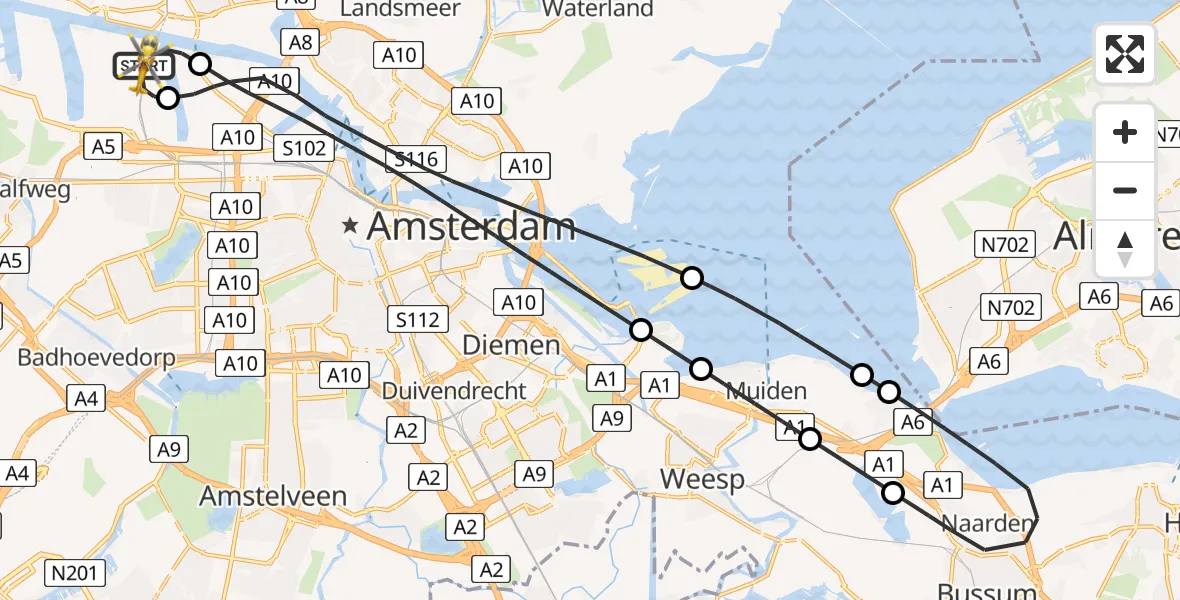 Vluchtroute Traumahelikopter van Amsterdam Heliport naar Amsterdam Heliport