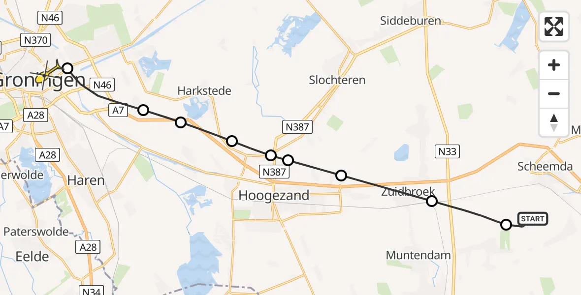 Routekaart van de vlucht: Lifeliner 4 naar Universitair Medisch Centrum Groningen, Meenteweg