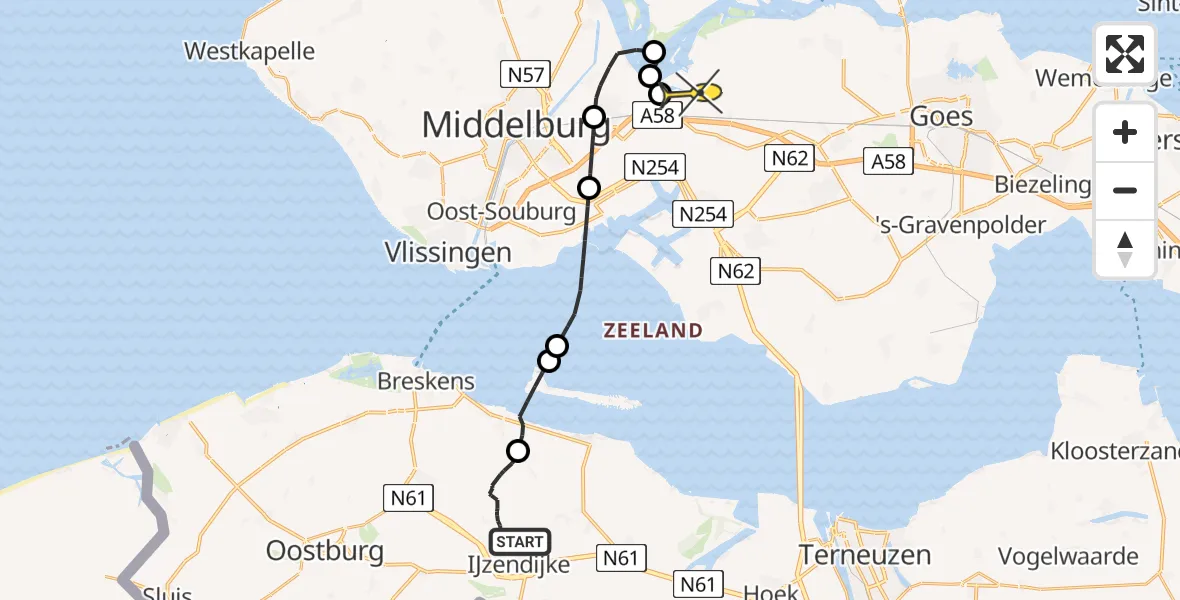 Routekaart van de vlucht: Politiehelikopter naar Vliegveld Midden-Zeeland, Vaarwater langs Hoofdplaat