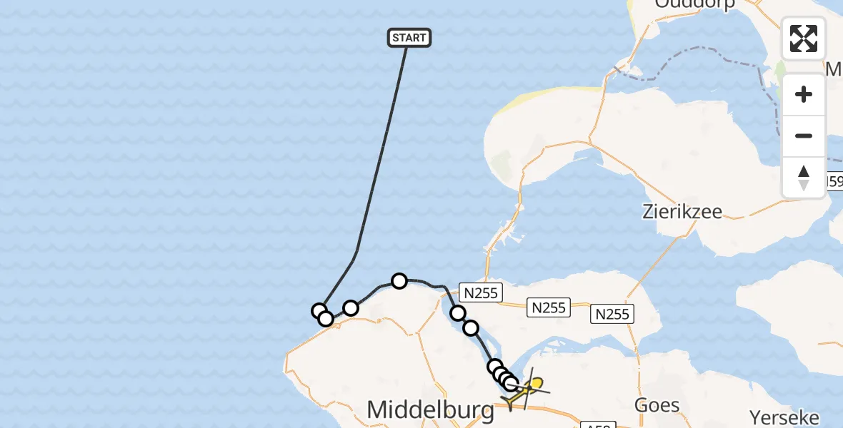 Routekaart van de vlucht: Kustwachthelikopter naar Vliegveld Midden-Zeeland, Soelekerkeplaat