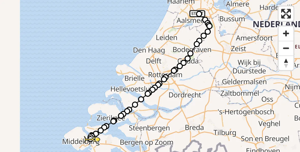 Vluchtroute Politiehelikopter van Schiphol naar Vliegveld Midden-Zeeland
