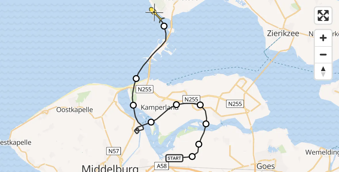 Routekaart van de vlucht: Politieheli naar Burgh-Haamstede, Meerkoetweg