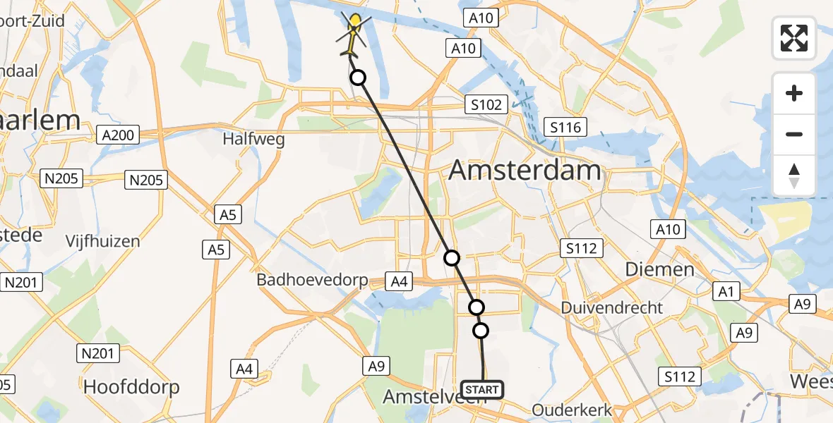 Routekaart van de vlucht: Lifeliner 1 naar Amsterdam Heliport, Beneluxbaan