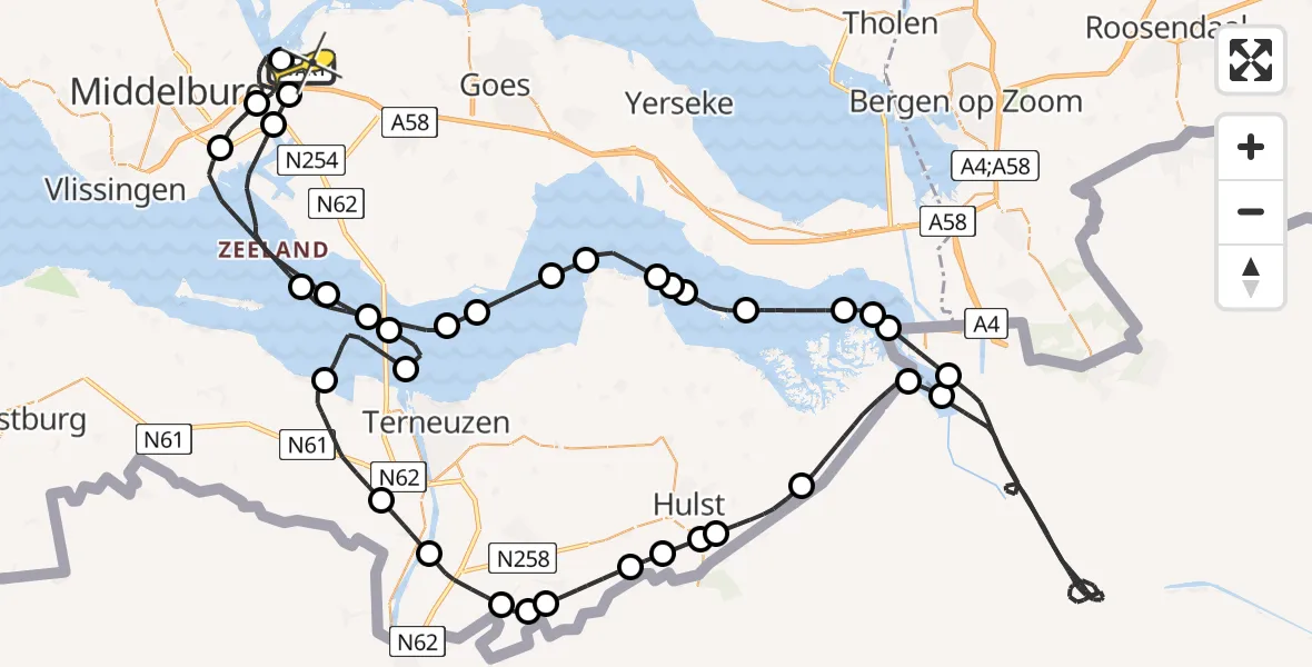 Routekaart van de vlucht: Kustwachthelikopter naar Vliegveld Midden-Zeeland, Quarlespolderweg