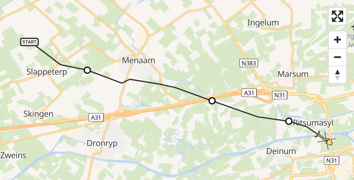 Routekaart van de vlucht: Ambulancehelikopter naar Leeuwarden, Menamerdyk