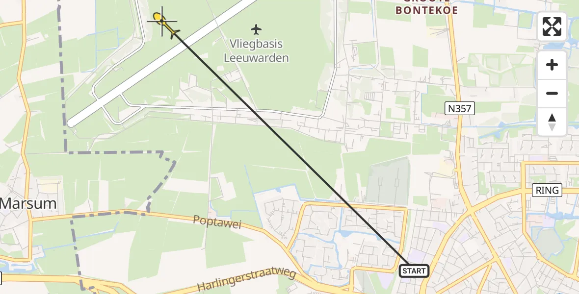 Vluchtroute Ambulancehelikopter van Leeuwarden naar Vliegbasis Leeuwarden
