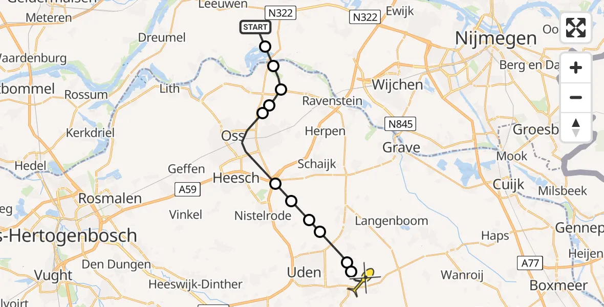Routekaart van de vlucht: Lifeliner 3 naar Vliegbasis Volkel, Woerdsestraat