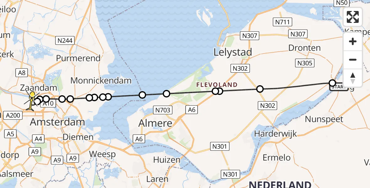 Routekaart van de vlucht: Lifeliner 1 naar Amsterdam Heliport, Flevoweg