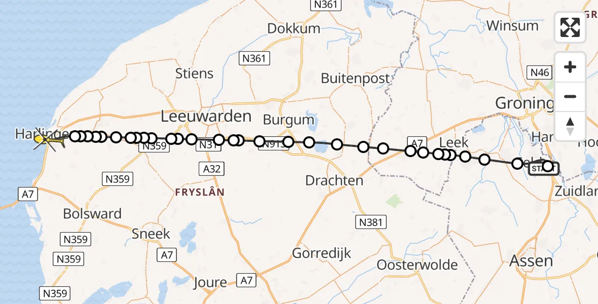 Routekaart van de vlucht: Lifeliner 4 naar Harlingen, Oosterbroek