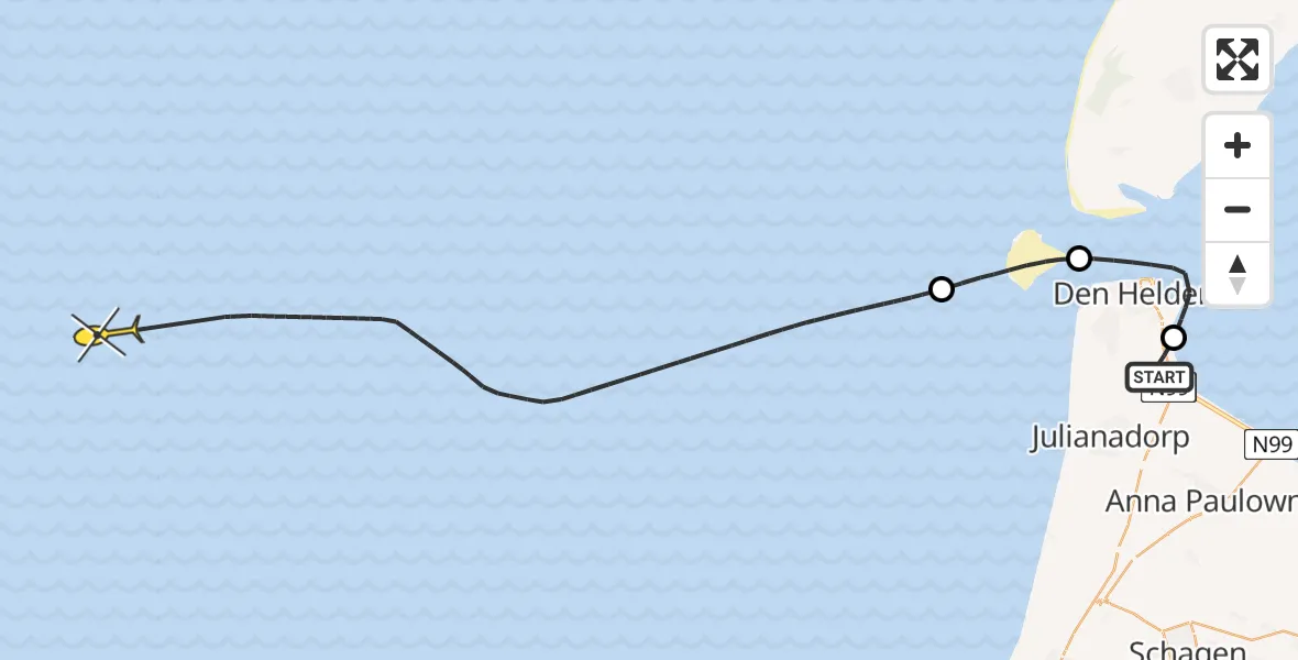 Vluchtroute Kustwachthelikopter van Vliegveld De Kooy naar 