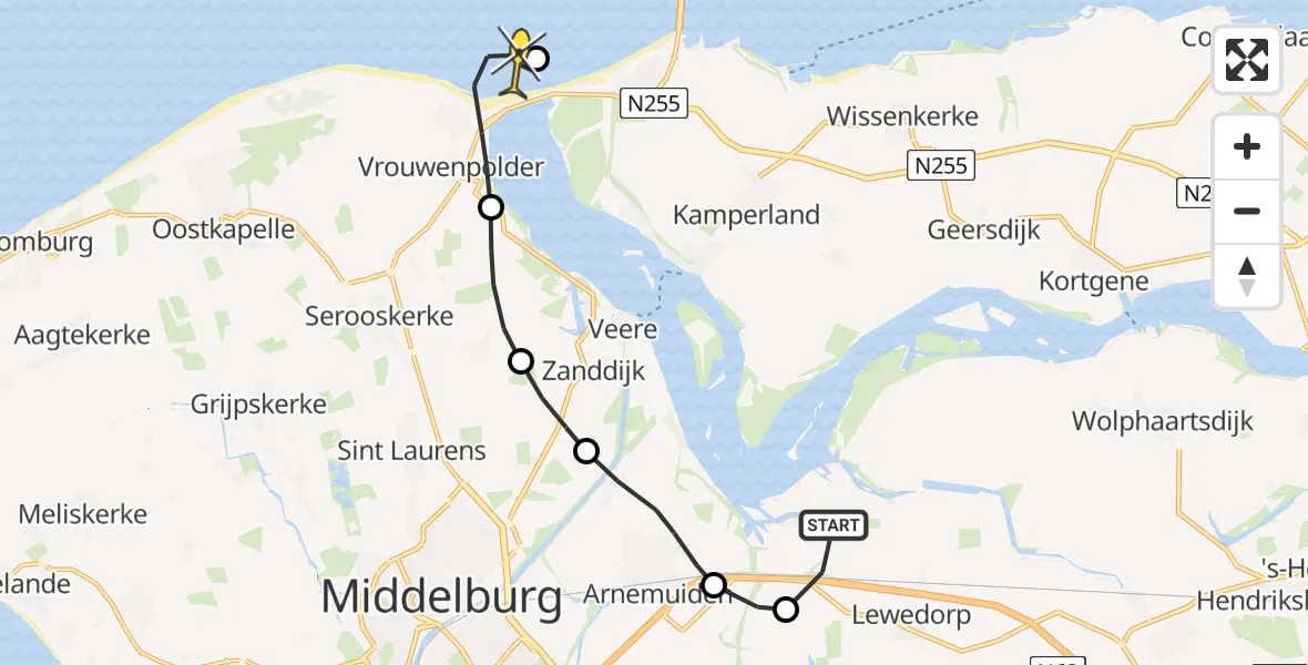 Routekaart van de vlucht: Kustwachthelikopter naar Kamperland, Quarlespolderweg