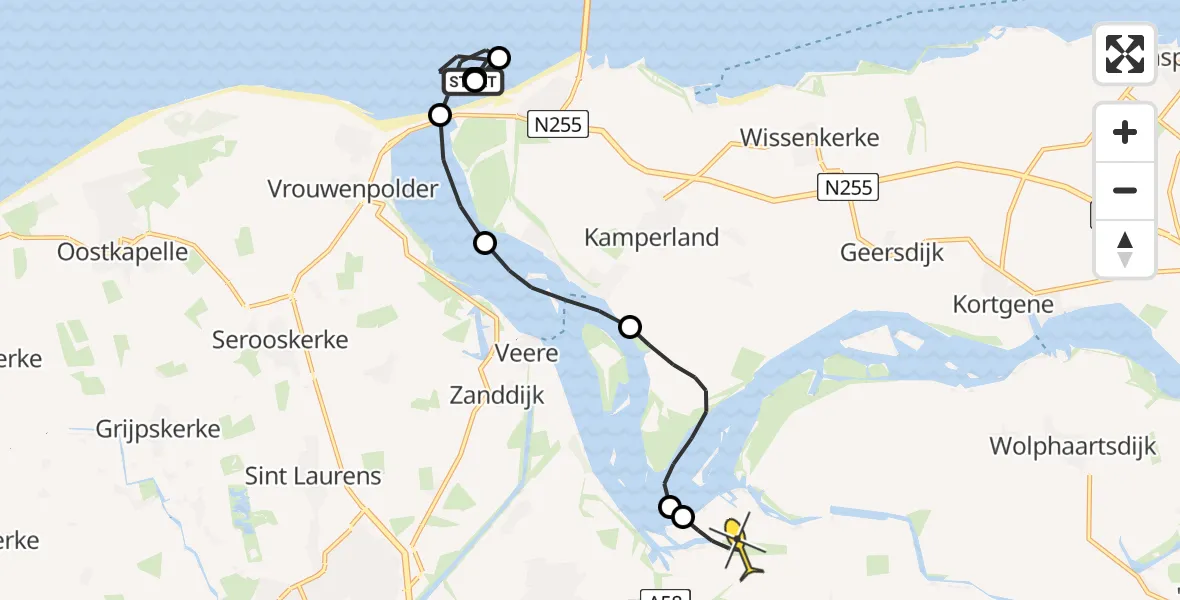 Routekaart van de vlucht: Kustwachthelikopter naar Vliegveld Midden-Zeeland, Veersegatdam