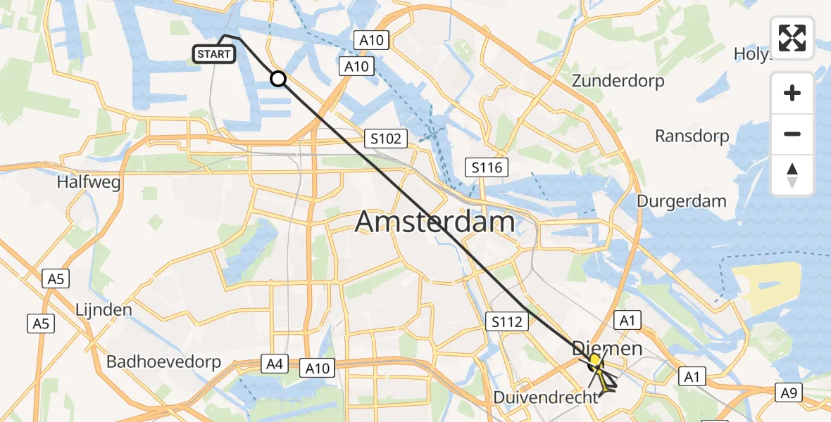 Routekaart van de vlucht: Lifeliner 1 naar Diemen, Westhavenweg