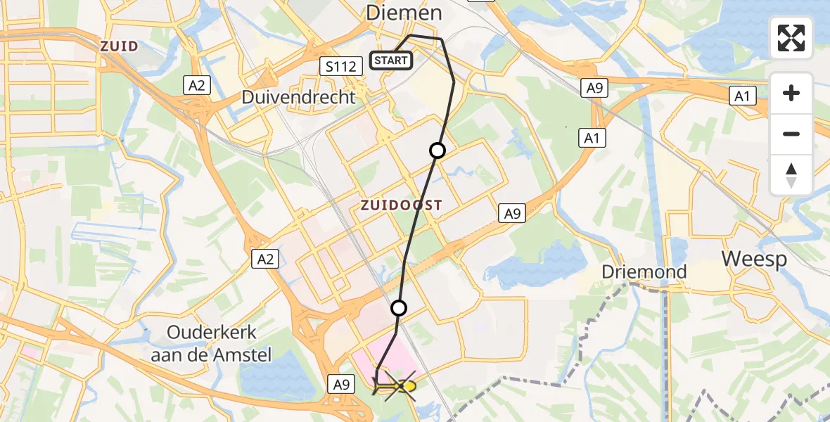 Routekaart van de vlucht: Lifeliner 1 naar Academisch Medisch Centrum (AMC), Provincialeweg