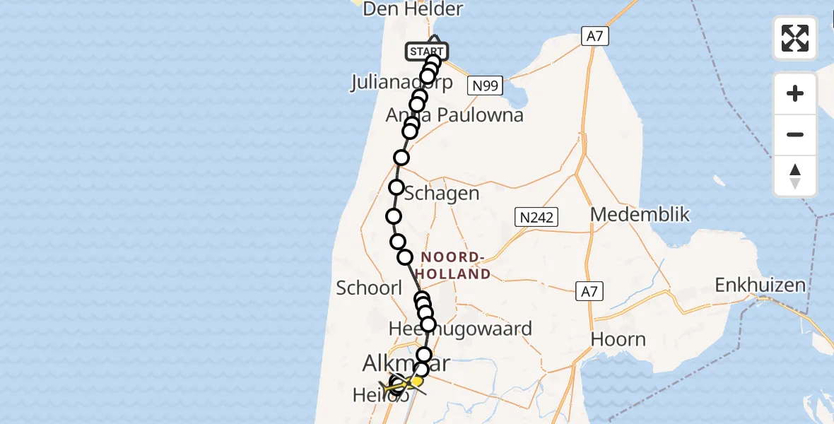 Routekaart van de vlucht: Kustwachthelikopter naar Alkmaar, Oostoeverweg