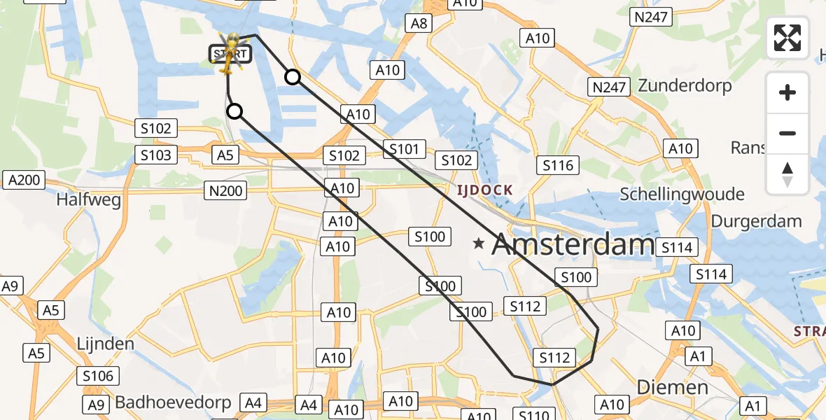 Vluchtroute Traumahelikopter van Amsterdam Heliport naar Amsterdam Heliport
