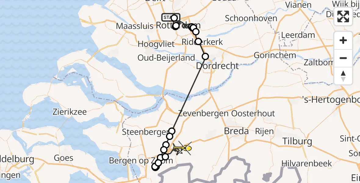 Routekaart van de vlucht: Politieheli naar Roosendaal, Gilze-Rijenstraat