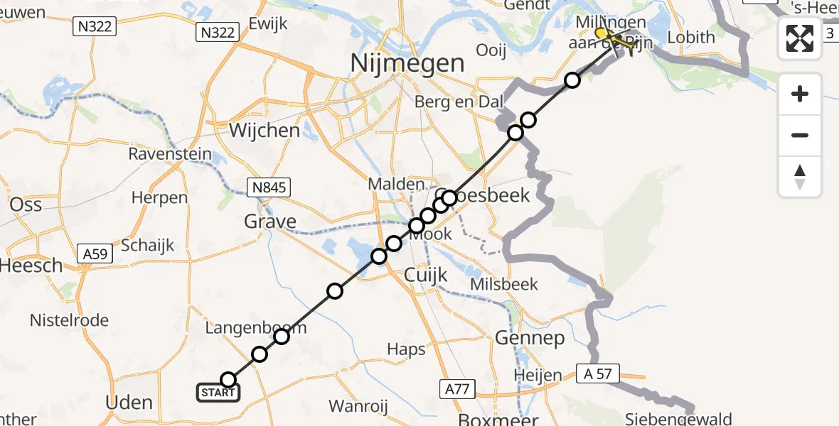 Routekaart van de vlucht: Lifeliner 3 naar Millingen aan de Rijn, Millsebaan