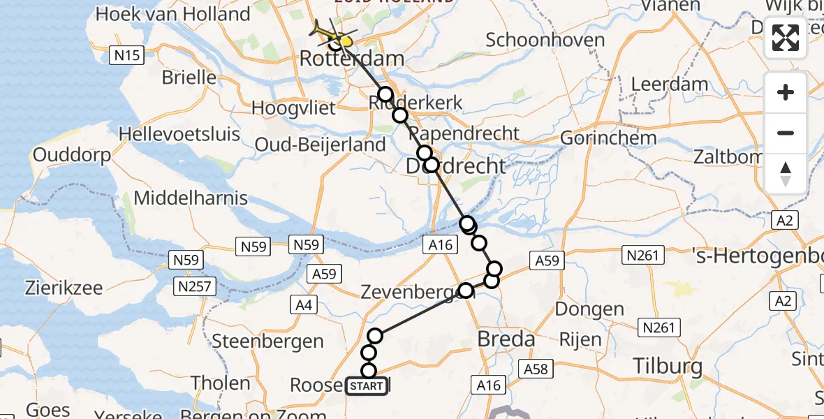 Routekaart van de vlucht: Politieheli naar Rotterdam The Hague Airport, Argonweg