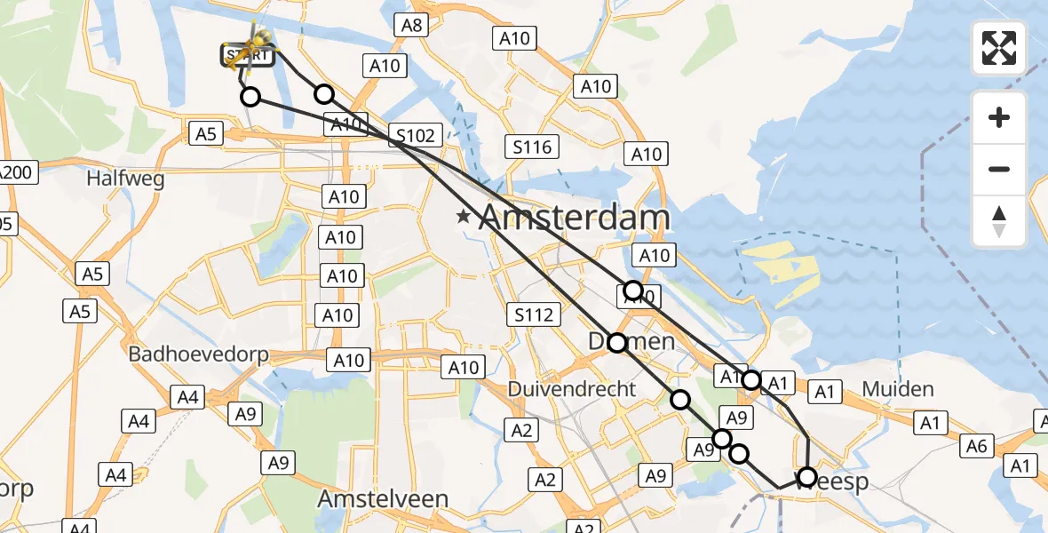 Vluchtroute Traumahelikopter van Amsterdam Heliport naar Amsterdam Heliport