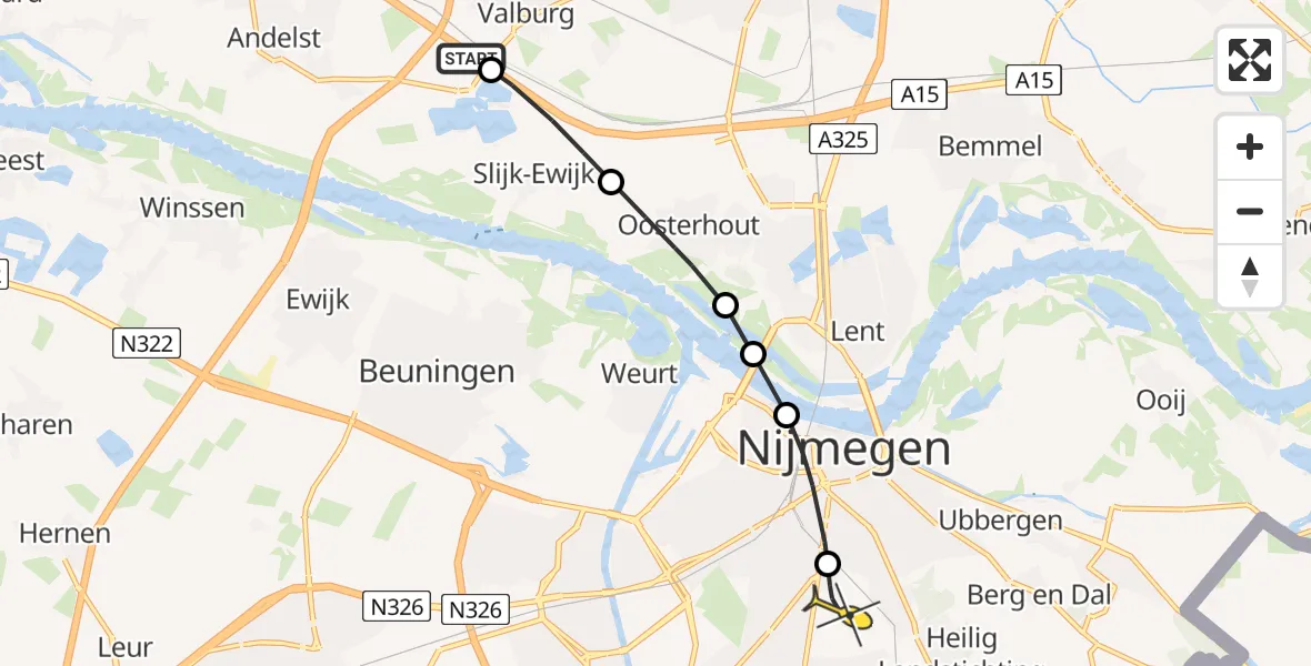 Routekaart van de vlucht: Lifeliner 3 naar Radboud Universitair Medisch Centrum, Akkerstraat
