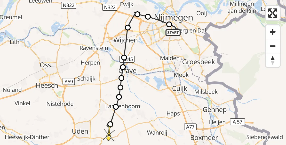 Routekaart van de vlucht: Lifeliner 3 naar Vliegbasis Volkel, Professor Huijbersstraat