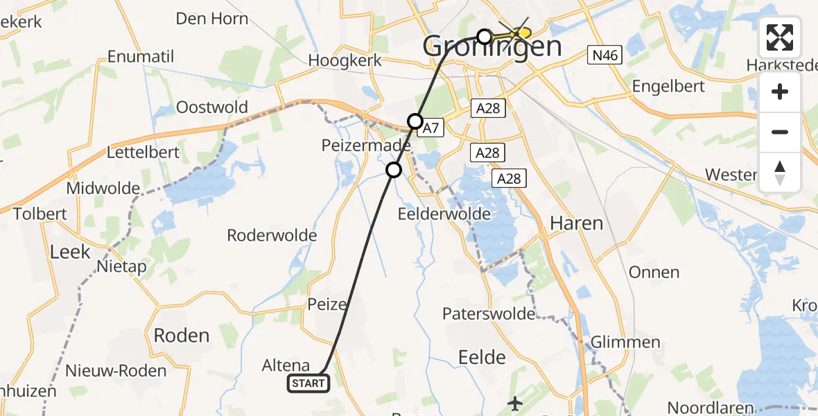 Routekaart van de vlucht: Lifeliner 4 naar Universitair Medisch Centrum Groningen, Oostingslaan