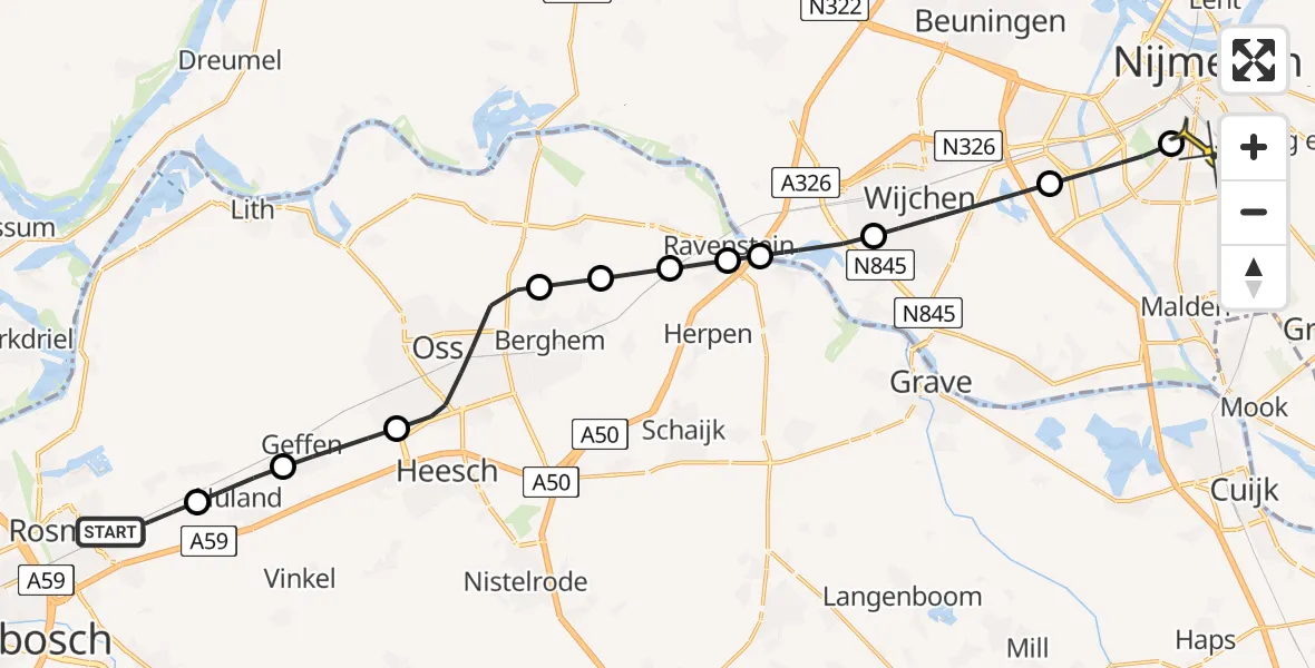 Routekaart van de vlucht: Lifeliner 3 naar Radboud Universitair Medisch Centrum, Oude Baan-Oost