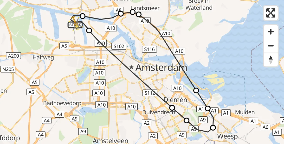 Vluchtroute Traumahelikopter van Amsterdam Heliport naar Amsterdam Heliport