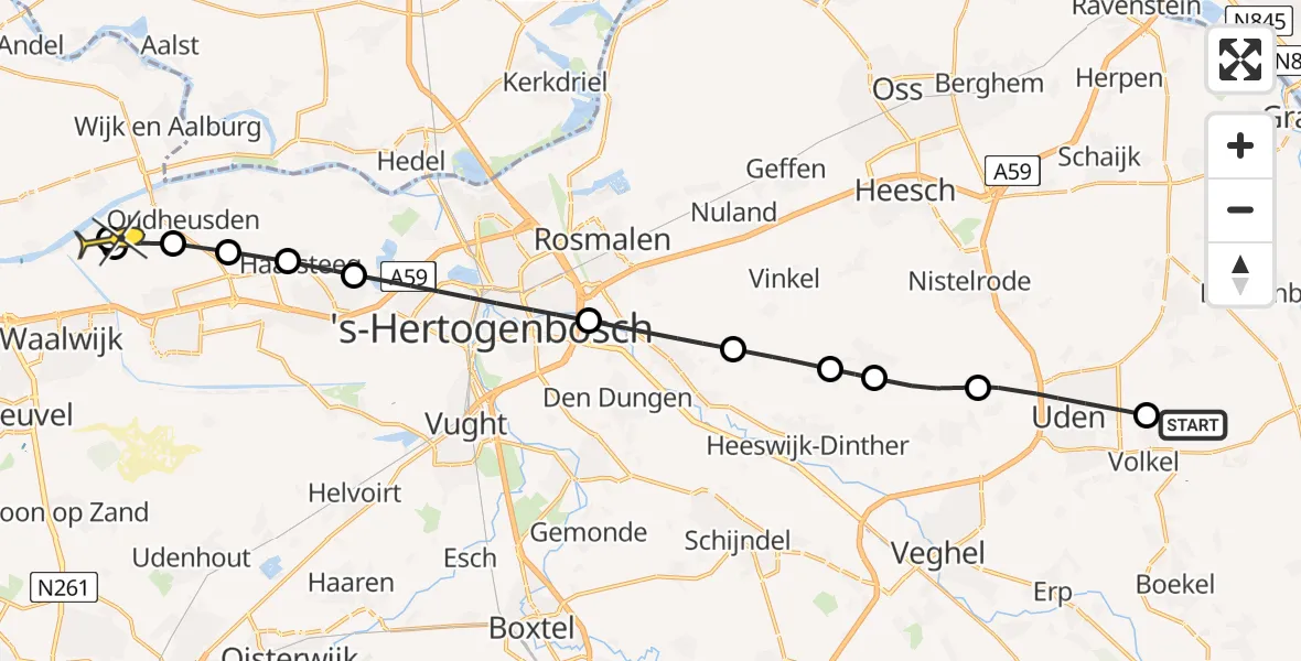 Routekaart van de vlucht: Lifeliner 3 naar Oudheusden, Koperslagerstraat