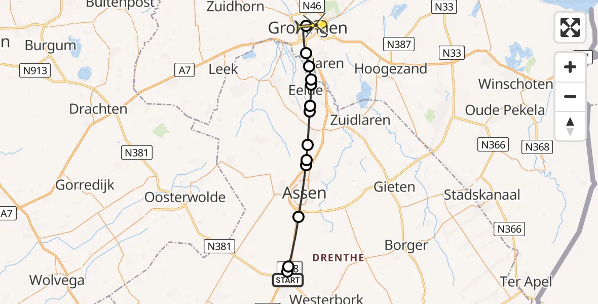 Routekaart van de vlucht: Lifeliner 4 naar Universitair Medisch Centrum Groningen, De Lotten