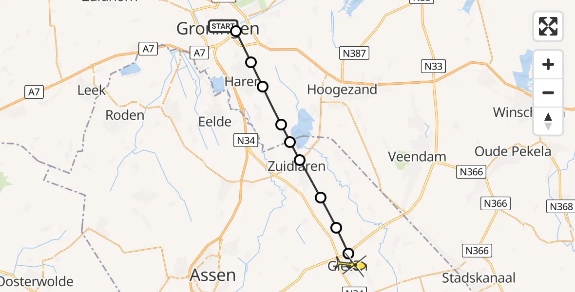 Routekaart van de vlucht: Lifeliner 4 naar Gieten, Damsterdiep