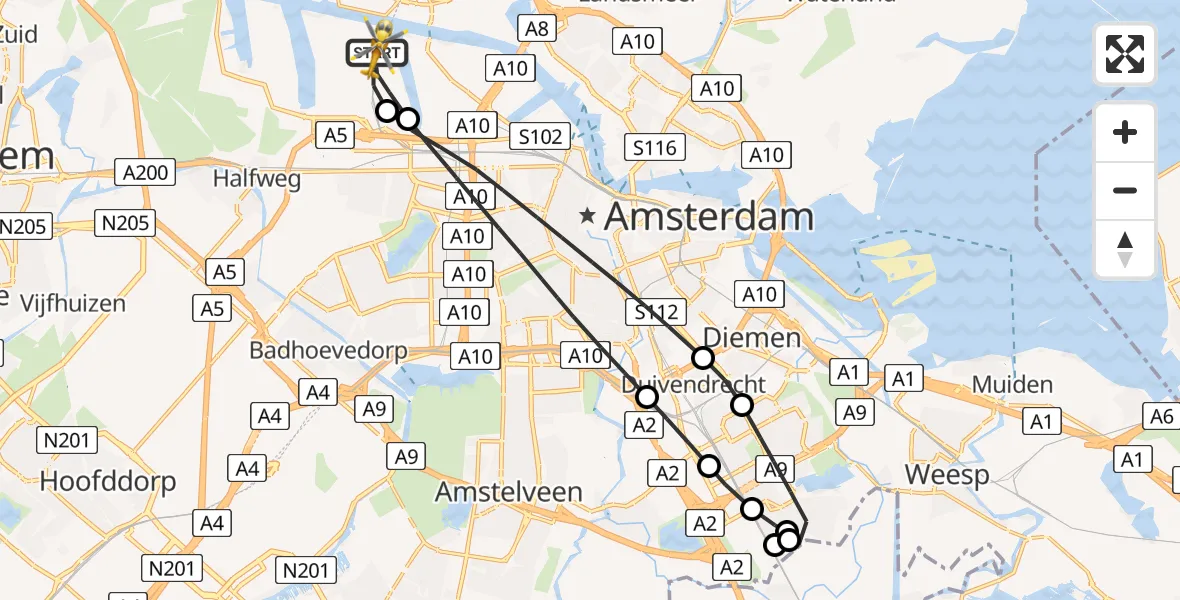 Vluchtroute Traumahelikopter van Amsterdam Heliport naar Amsterdam Heliport