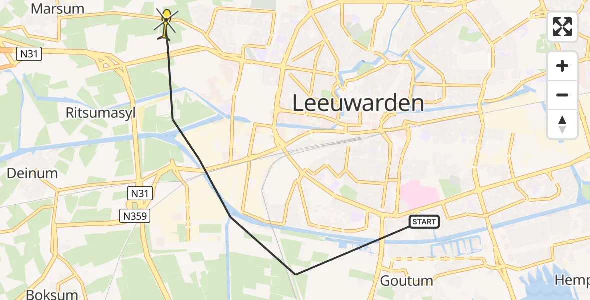 Routekaart van de vlucht: Ambulancehelikopter naar Leeuwarden, Boksumerhoeke