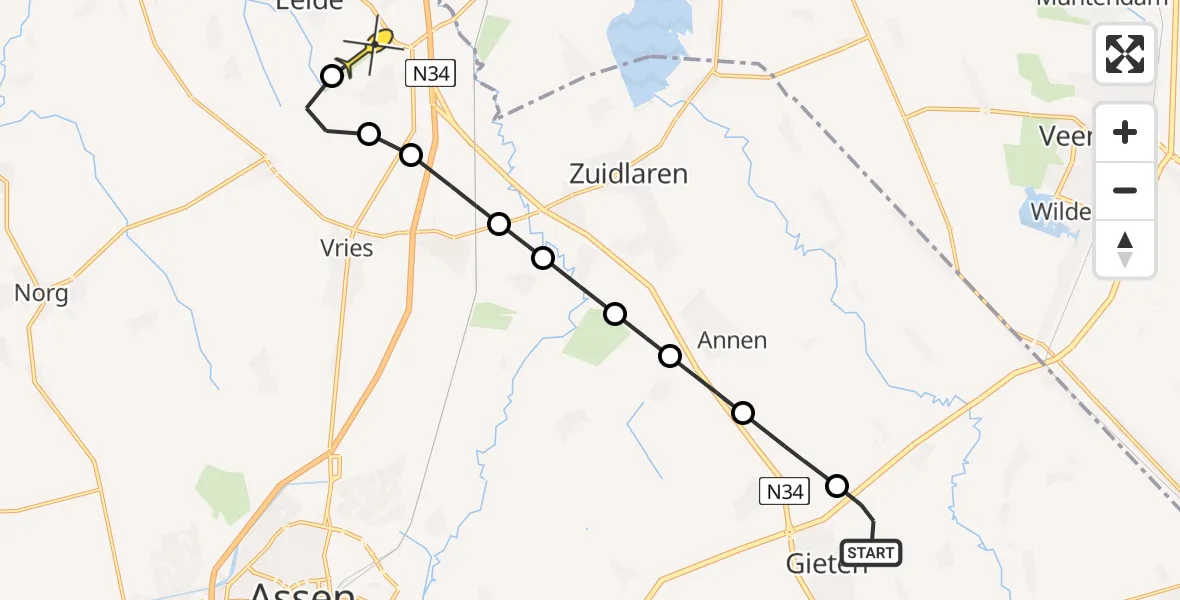 Routekaart van de vlucht: Lifeliner 4 naar Groningen Airport Eelde, Zonnepark RWZI Gieten