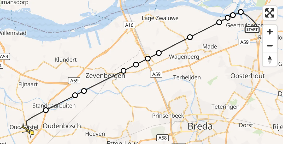 Routekaart van de vlucht: Lifeliner 2 naar Oud Gastel, Blokvang