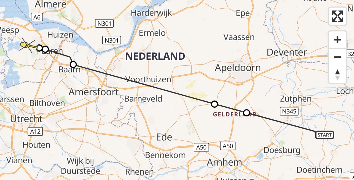 Routekaart van de vlucht: Politiehelikopter naar Hilversum, Loenense Bos