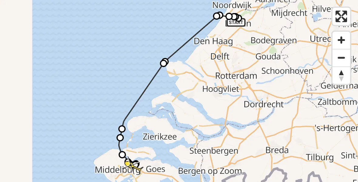 Routekaart van de vlucht: Kustwachthelikopter naar Vliegveld Midden-Zeeland, Oude Vest