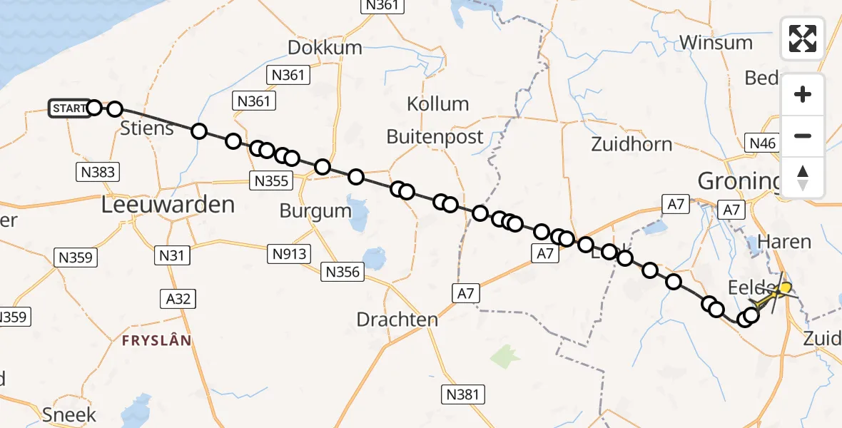 Routekaart van de vlucht: Lifeliner 4 naar Groningen Airport Eelde, Middelweg-Oost